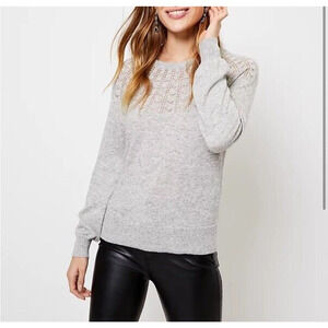 Loft Sweater Women's Medium Pointelle York Gray Wool Blend Crew Neck Pullover